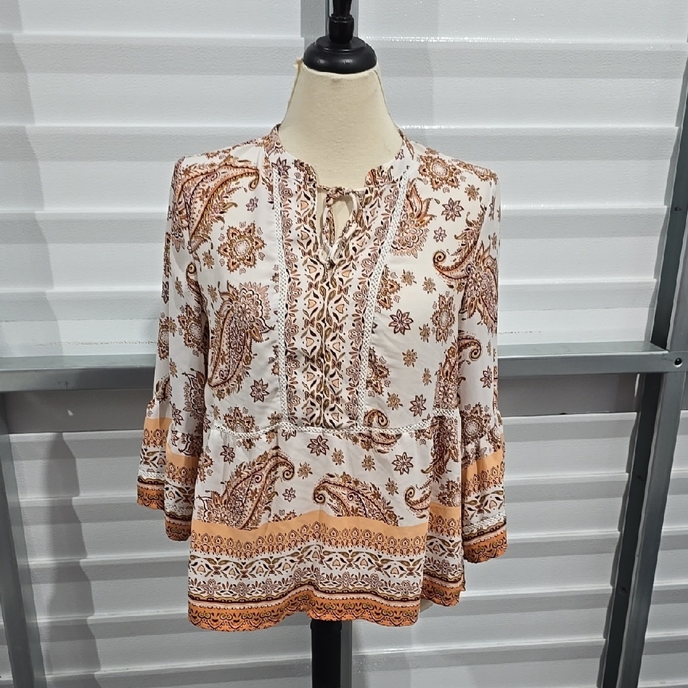 Fever White and Brown Boxy Blouse with Mandarin Collar